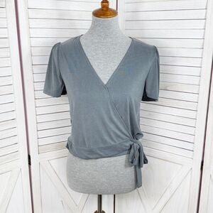 Green Envelope Faux Wrap Crop Top Shirt Grey Blue‎ XS